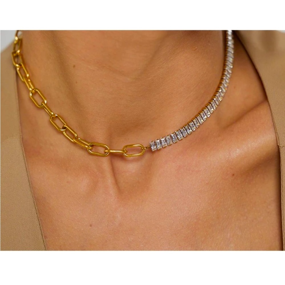 18K Gold Plated Link & Baguette Zirconia Choker | Waterproof Stainless Steel